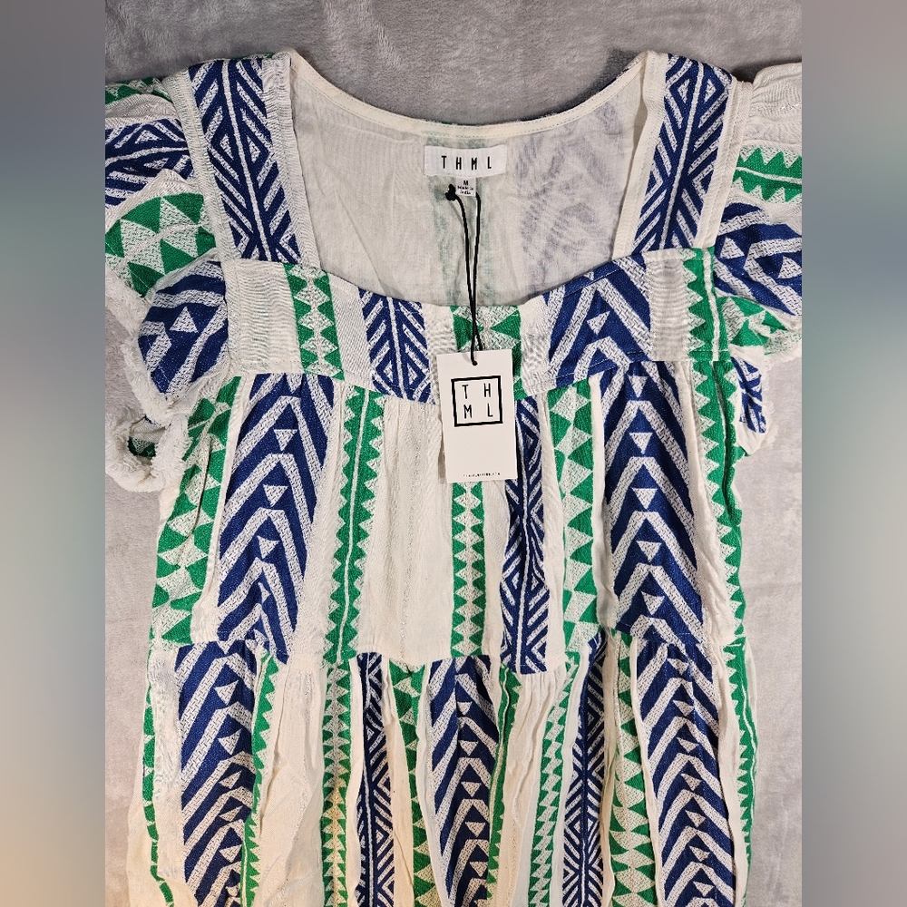 THML Flutter Fringe Sleeve Square Neck Chevron Print Blue Green Dress Size M - Picture 2 of 14
